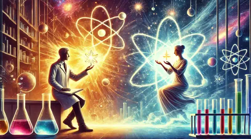 Ilustrácia symbolizujúca harmóniu medzi vedou a vierou, zobrazuje vedca v laboratórnom plášti a ženu, ktorá reprezentuje vieru, obklopenú svetelnými a vedeckými symbolmi, ako atómy a chemické reakcie.