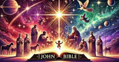 Ilustrácia s nápisom "John Bible" zobrazujúca narodenie Ježiša, mudrcov, pastierov a anjelov pod žiarivou hviezdou.