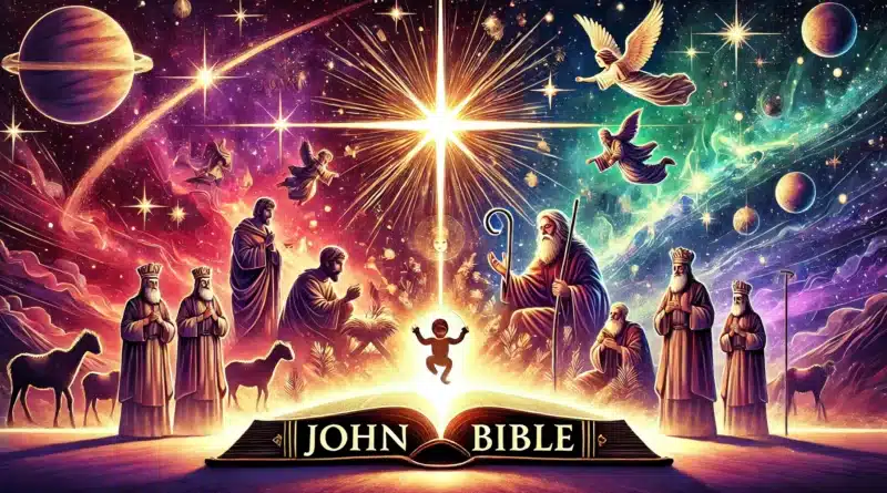 Ilustrácia s nápisom "John Bible" zobrazujúca narodenie Ježiša, mudrcov, pastierov a anjelov pod žiarivou hviezdou.