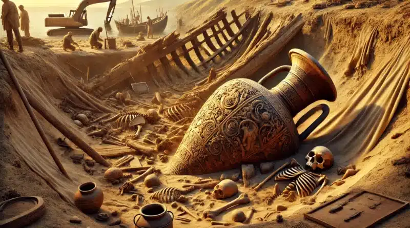 Staroveké hlinené nádoby a nástroje symbolizujúce archeologické objavy potvrdzujúce biblické udalosti.