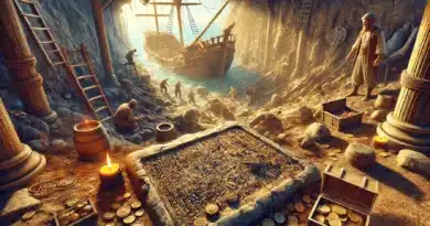 Archeologický nález so starovekými mincami a rytinami v jaskyni s vrakom lode v pozadí.
