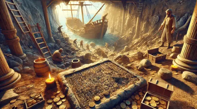 Archeologický nález so starovekými mincami a rytinami v jaskyni s vrakom lode v pozadí.
