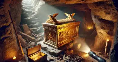 Zlatá archa zmluvy v podzemnej komore osvetlená svetlom sviečok a baterky.