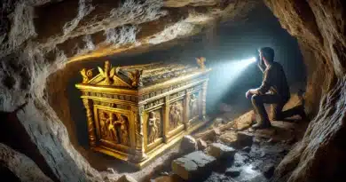 Archeológ objavuje zlatú truhlu v podzemnej jaskyni, osvetlenú lúčom svetla.