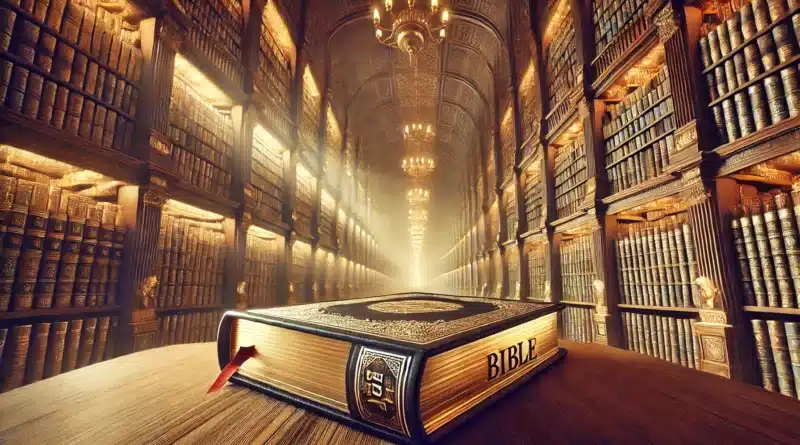 Veľká Biblia položená na drevenom stole v impozantnej knižnici plnej starých zväzkov.