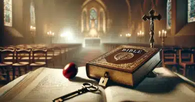 Biblia ako zamknutá kniha umiestnená na oltári, so kľúčom ležiacim vedľa nej, symbolizujúca spôsob, akým bola kedysi skrytá pravda v náboženských inštitúciách.