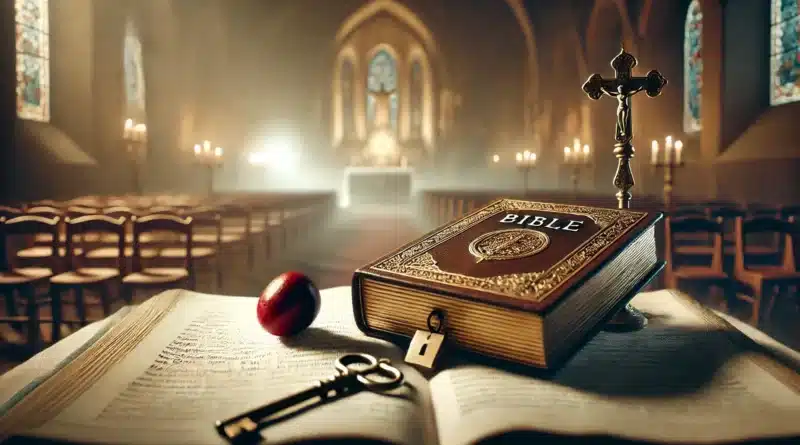 Biblia ako zamknutá kniha umiestnená na oltári, so kľúčom ležiacim vedľa nej, symbolizujúca spôsob, akým bola kedysi skrytá pravda v náboženských inštitúciách.