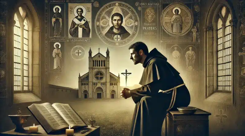 Muž v pokoji, zamyslený nad svojou detskou vierou v katolíckej cirkvi, stojí v tichej a symbolickej miestnosti s otvorenou Bibliou, ktorá reprezentuje jeho duchovnú cestu k písmu.