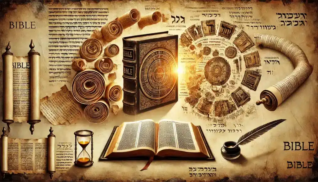 Biblia obklopená starovekými zvitkami, hebrejskými textami a historickými symbolmi.