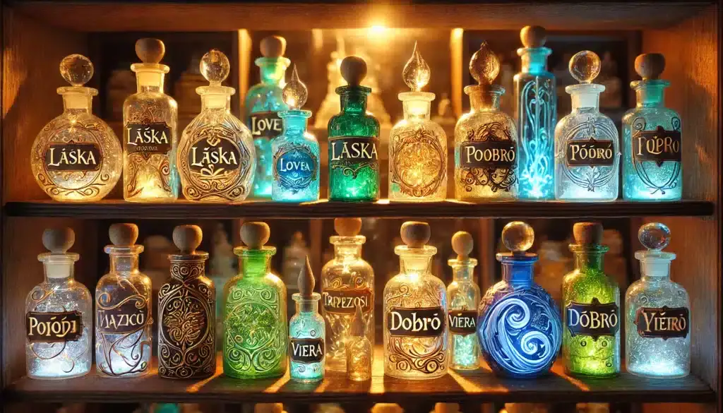 Dekoratívne fľaštičky s nápismi ako láska, viera, dobro a pokoj, symbolizujúce duchovné dary a ovocie Ducha Svätého.