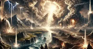 Apokalyptická krajina s búrkami, ohnivými erupciami a žiarivým svetlom na oblohe, symbolizujúca druhý príchod Ježiša Krista.