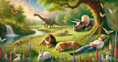 Pokojná rajská krajina s ležiacim mužom obklopeným zvieratami, vrátane leva, zajacov a dinosaurov, symbolizujúca sobotný odpočinok.