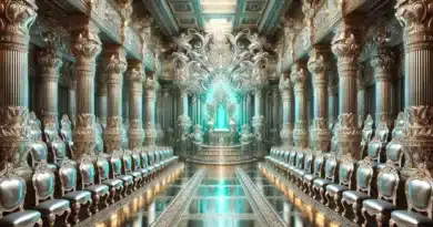 Veľkolepá nebeská sála s trónom osvetleným žiarivým svetlom, obklopená radmi trónov a majestátnou architektúrou.