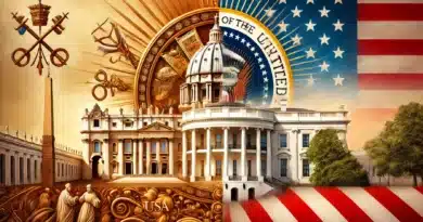 Symbolické spojenie Vatikánu a USA – polovica obrazu zobrazuje Vatikán s pápežskými symbolmi, druhá polovica Biely dom s americkou vlajkou.