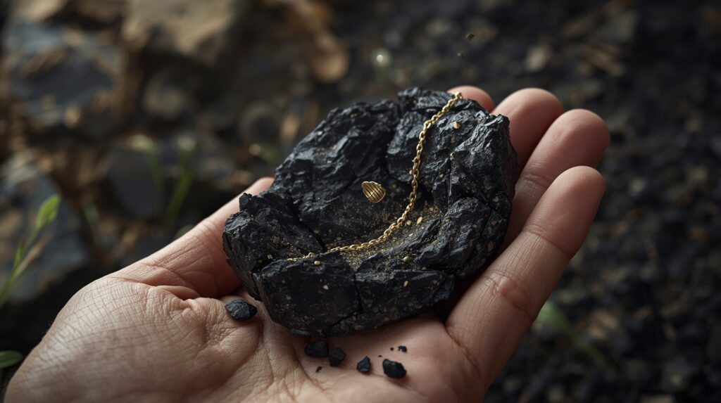 Ruka drží čierny kus uhlia s malým zlatým náhrdelníkom, archeologický detail na geologickom podklade