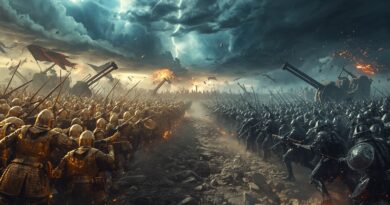 dve armády stojace proti sebe na bojisku počas búrky