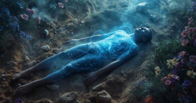 ľudské telo ležiace v zemi obklopené jemným svetlom symbolizujúcim nádej vzkriesenia