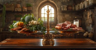 Zlatá váha v rustikálnej kuchyni porovnáva čerstvú zeleninu a ovocie s mäsom a mliekom, symbol rovnováhy, výživy a otázok zdravého životného štýlu