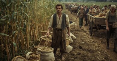 Zber sóje na poli, pracovníci triedia sójové bôby do vriec medzi radmi úrody ako symbol rastlinnej bielkoviny