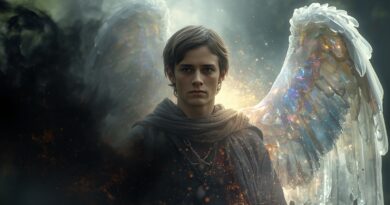 Mladý muž stojaci medzi svetlom a temnotou, anjelské krídla žiariace na jednej strane a temný tieň na druhej, symbol duchovného boja, anjeli a démoni, nadprirodzená realita