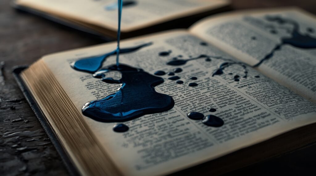 Biblia s rozliatym atramentom, detail rukopisov a textu, zblízka na starom stole