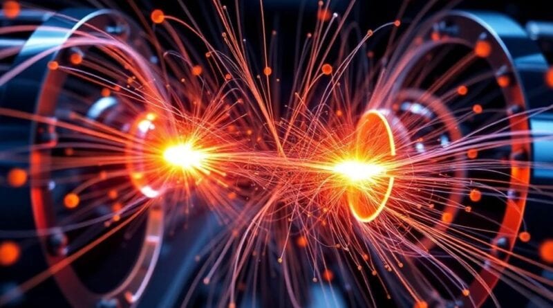 Vizuálna simulácia časticovej kolízie s energetickými výbojmi vo vedeckom urýchľovači.