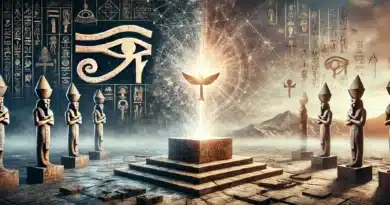 Zobrazenie egyptských symbolov a hieroglyfov, s pyramídou a okom Horusa v pozadí, symbolizujúce okultné a staroveké náboženské praktiky.