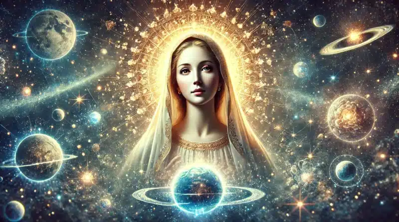 Zobrazenie Panny Márie ako Pani kráľovských ríší, s planetami a hviezdami v pozadí, symbolizujúca jej majestát a božskú autoritu.