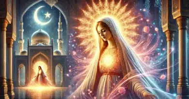 Zobrazenie Panny Márie ako Kráľovnej Islamu, s mesiacom a mešitou v pozadí, vyžarujúca svetlo a lásku do sveta.