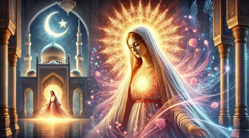 Zobrazenie Panny Márie ako Kráľovnej Islamu, s mesiacom a mešitou v pozadí, vyžarujúca svetlo a lásku do sveta.