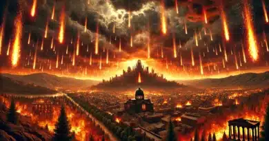 Mesto Sodoma v plameňoch pod dažďom ohnivých meteoritov symbolizujúcim biblický Boží súd.
