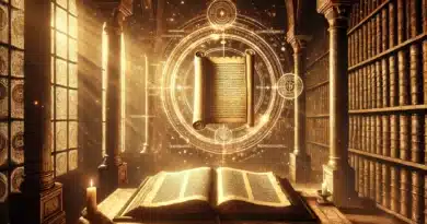 Staroveký zvitok vznášajúci sa nad otvorenou knihou v mystickej knižnici.
