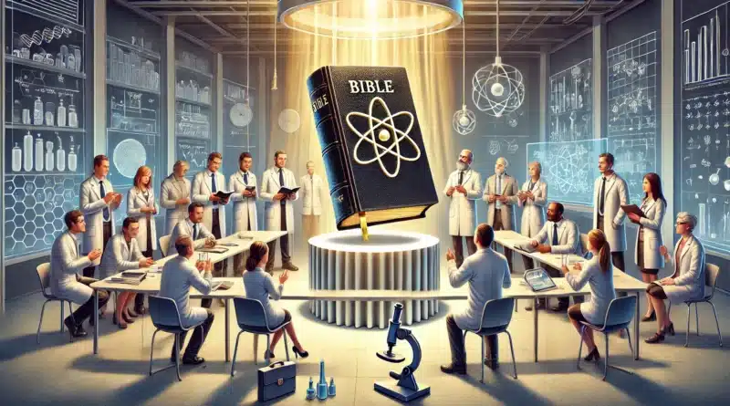Vedecká konferencia, kde vedci analyzujú Bibliu levitujúcu v strede laboratória.