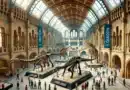 Ilustrácia výstavy v Britskom múzeu, kde sú vystavené dinosaurie kostry pomenované ako draky. Scéna zobrazuje impozantnú múzejnú sálu s prepracovanou architektúrou.