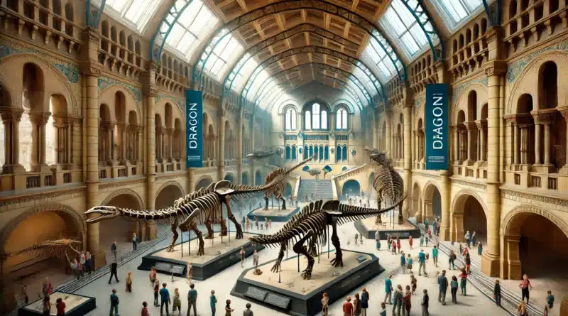 Ilustrácia výstavy v Britskom múzeu, kde sú vystavené dinosaurie kostry pomenované ako draky. Scéna zobrazuje impozantnú múzejnú sálu s prepracovanou architektúrou.