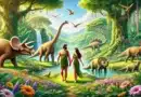 Ilustrácia rajskej krajiny, kde sa dinosauri, ako Triceratops, Stegosaurus a Brachiosaurus, pokojne spolu so stvorenými ľuďmi (Adam a Eva) prechádzajú medzi bujnou vegetáciou a vodopádmi.