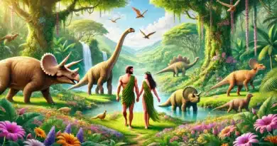Ilustrácia rajskej krajiny, kde sa dinosauri, ako Triceratops, Stegosaurus a Brachiosaurus, pokojne spolu so stvorenými ľuďmi (Adam a Eva) prechádzajú medzi bujnou vegetáciou a vodopádmi.