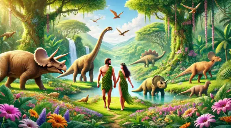 Ilustrácia rajskej krajiny, kde sa dinosauri, ako Triceratops, Stegosaurus a Brachiosaurus, pokojne spolu so stvorenými ľuďmi (Adam a Eva) prechádzajú medzi bujnou vegetáciou a vodopádmi.
