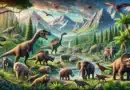 Ilustrácia rôznych prastarých tvorov, vrátane dinosaurov a iných dávnych zvierat, ktoré formovali našu planétu.