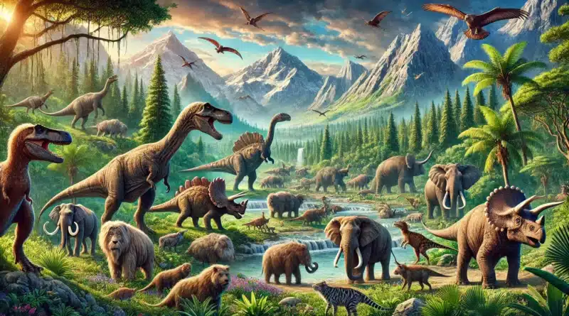 Ilustrácia rôznych prastarých tvorov, vrátane dinosaurov a iných dávnych zvierat, ktoré formovali našu planétu.