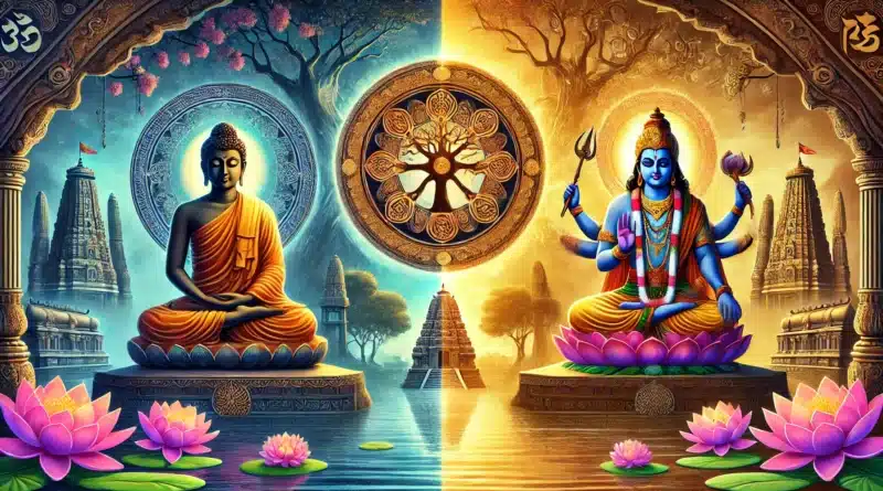 Ilustrácia porovnávajúca budhizmus a hinduizmus, zobrazujúca Budhu na ľavej strane a boha Višnu na pravej strane, obklopených kvetmi lotosu a náboženskými symbolmi.
