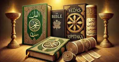 Umelecké zobrazenie štyroch posvätných textov: Korán, Biblia, Védy a Tripitaka, každý reprezentovaný so svojimi kultúrnymi a náboženskými symbolmi.