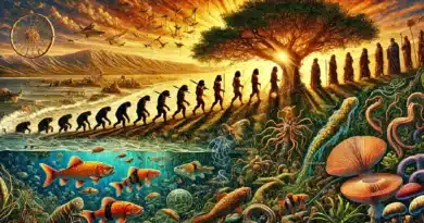 Detailné umelecké zobrazenie Darwinovej teórie evolúcie, ilustruje postupný vývoj života od mikroorganizmov až po ľudskú formu.