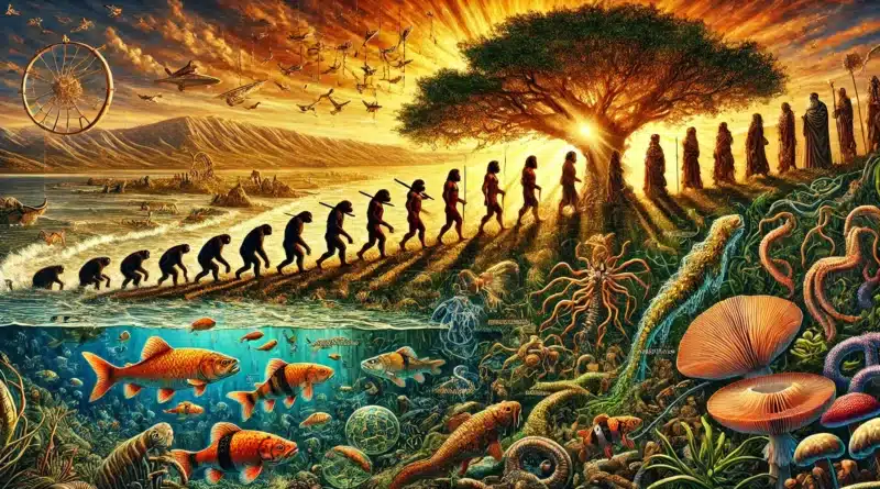 Detailné umelecké zobrazenie Darwinovej teórie evolúcie, ilustruje postupný vývoj života od mikroorganizmov až po ľudskú formu.