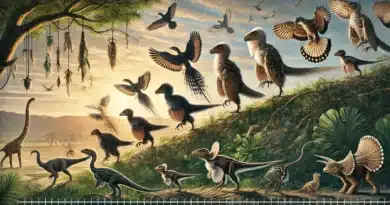 Umelecké zobrazenie Darwinovej teórie evolúcie, zamerané na vývoj Archaeopteryxa, zobrazuje postup od starovekých dinosaurov k prvým vtákom.