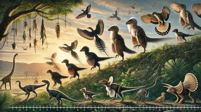 Umelecké zobrazenie Darwinovej teórie evolúcie, zamerané na vývoj Archaeopteryxa, zobrazuje postup od starovekých dinosaurov k prvým vtákom.