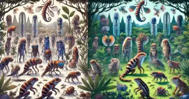 Ilustrácia zobrazuje mutácie a prirodzený výber v prírodnom prostredí, na ľavej strane je skupina identických organizmov s niekoľkými odlišnosťami, na pravej strane evolučný rozvoj rôznych druhov.