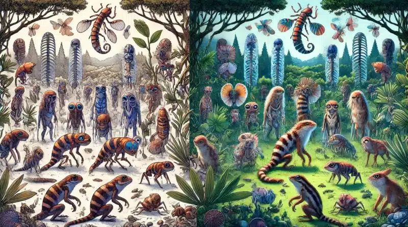 Ilustrácia zobrazuje mutácie a prirodzený výber v prírodnom prostredí, na ľavej strane je skupina identických organizmov s niekoľkými odlišnosťami, na pravej strane evolučný rozvoj rôznych druhov.