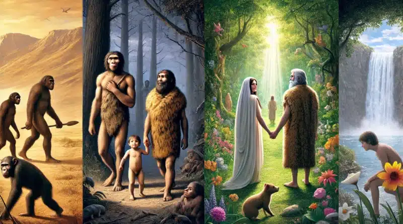Symbolické zobrazenie kontrastu medzi rodinou neandertálcov naľavo a Adamom a Evou s ich dieťaťom v Záhrade Edenu napravo.