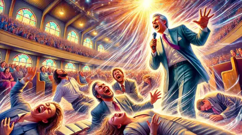 Kenneth Hagin nadšene káže v dynamickom kostole, kde atmosféra je naplnená energiou a jednotlivci v kongregácii sú zasiahnuť Božím duchom, niektorí padajú na zem.
